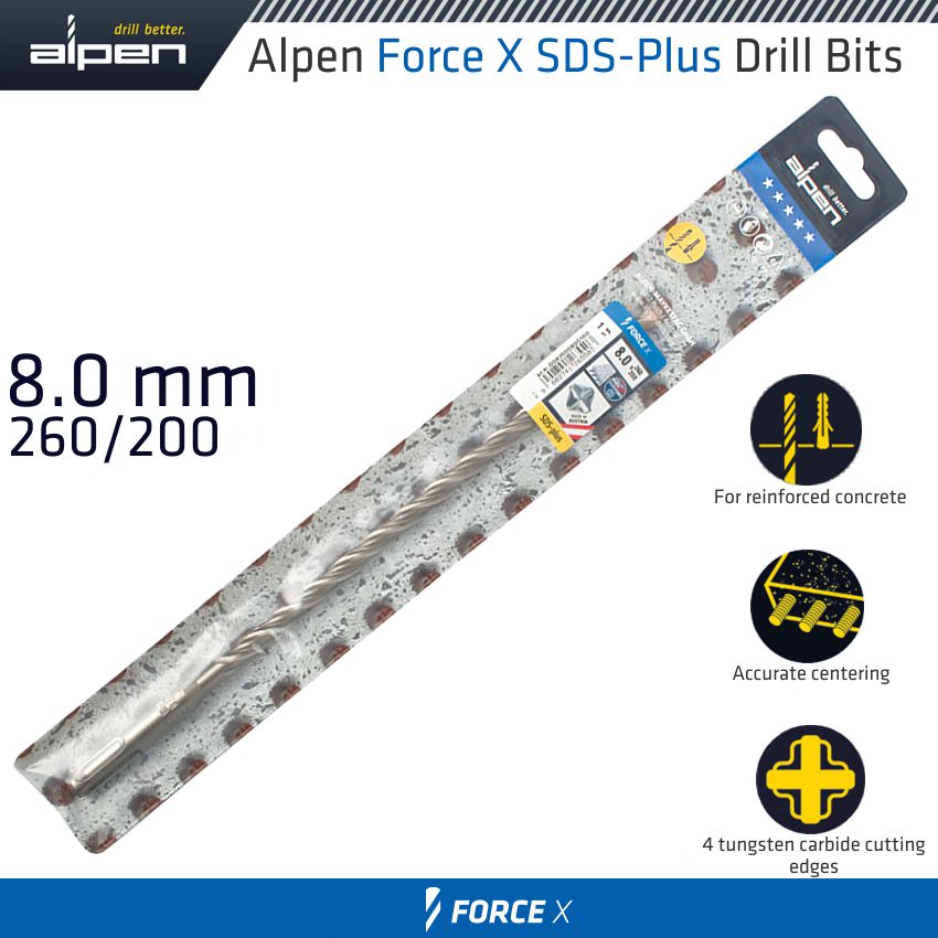 alpen-force-x-8.0-x-260/200-sds-plus-drill-bit-x4-cutting-edges-alp835008-2