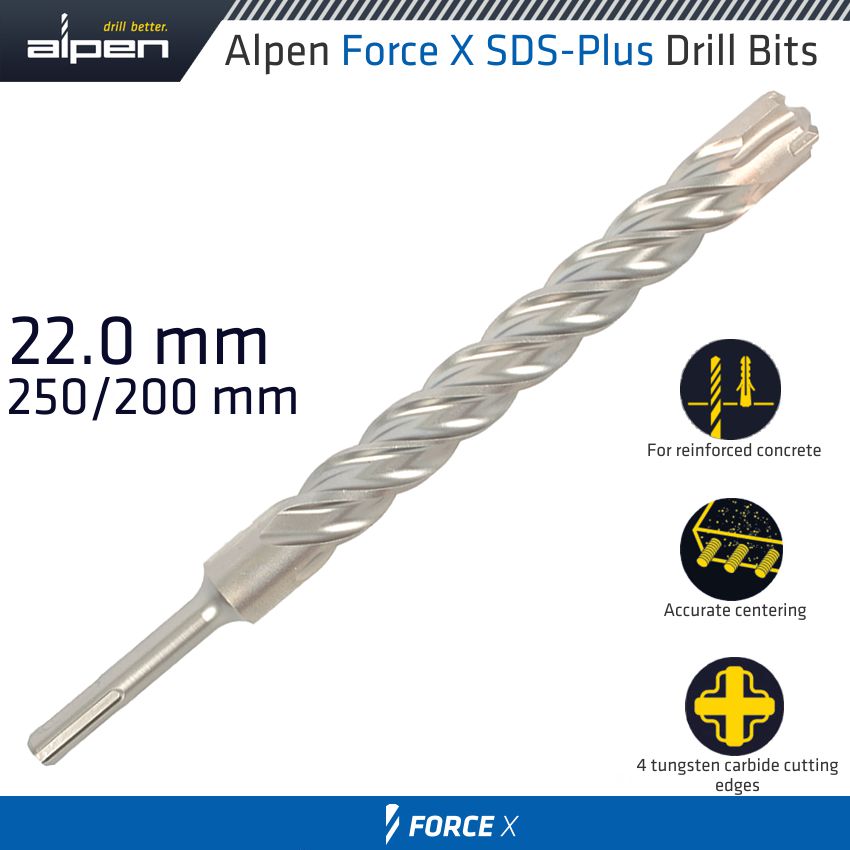 alpen-force-x-22.0-x-250/200--sds-plus-drill-bit-x4-cutting-edges-alp835022-3