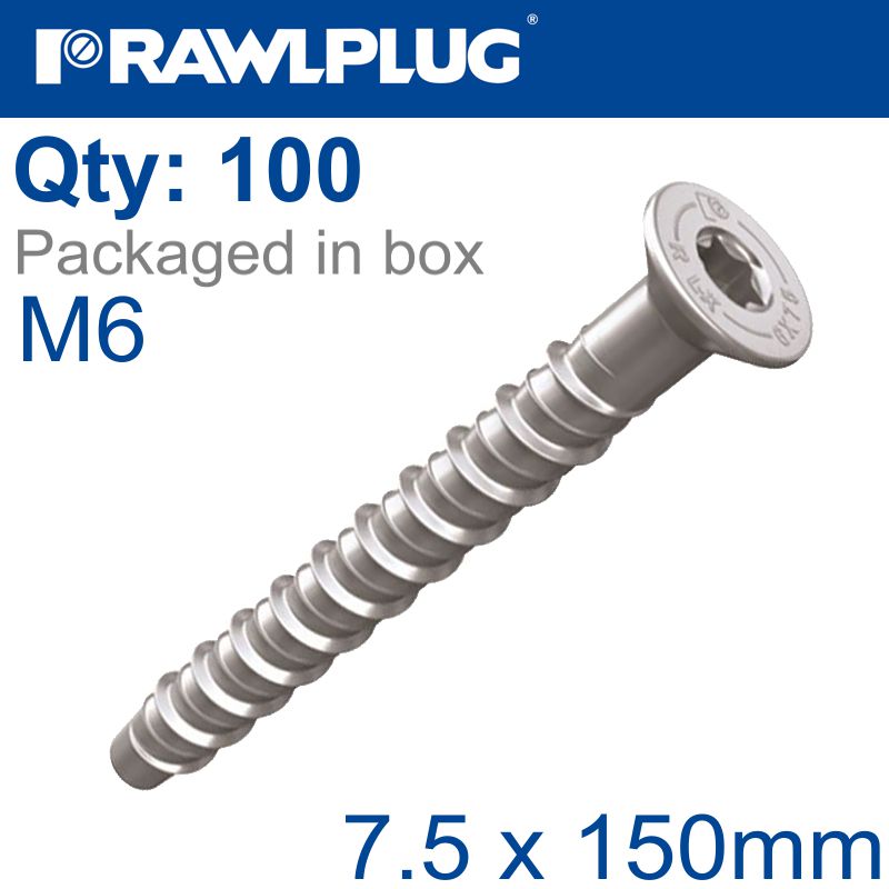 rawlplug-concrete-screwbolt-m6-7.5x150mm-hex-flange-zinc-fl-x100-box-raw-r-lx-06x150-hf-zf-1